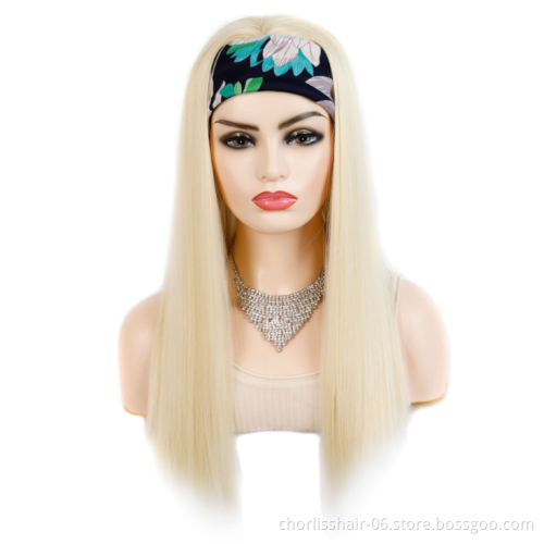 Wholesale Cheap Long Light Blonde Straight Turban headband wig Synthetic Hair Wigs With Headband Attached  Wig For Women